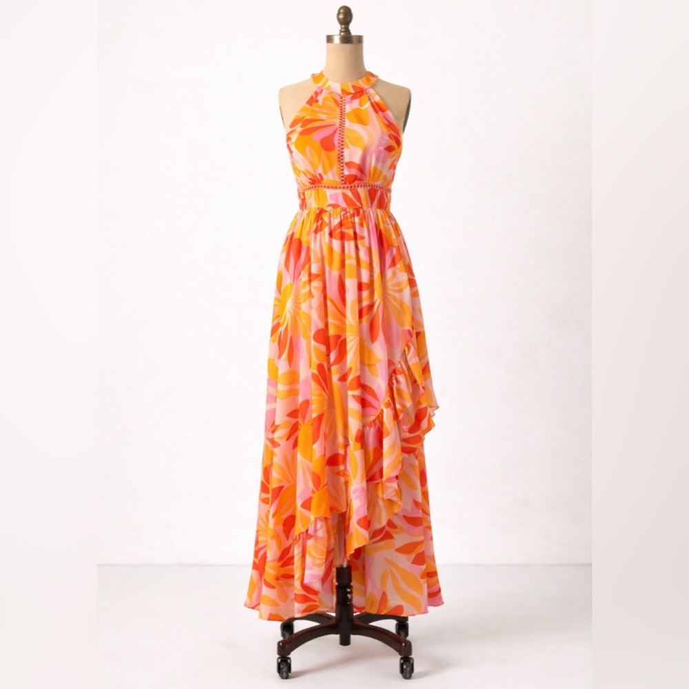 Abel The Label Anthropologie Rumi Floral Maxi Dress S Pink Orange Smocked Boho